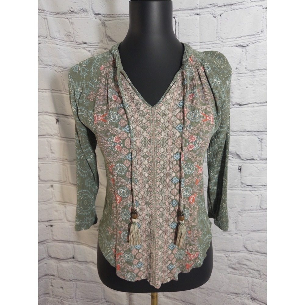 Mason‎ & Belle Blouse Womens Small Green Boho Paisley Tassel 3/4 Sleeve Top